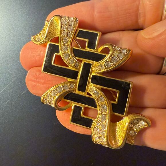 Swarovski Gold Tone Black Enamel Rhinestone Pin Brooch - Picture 4 of 7